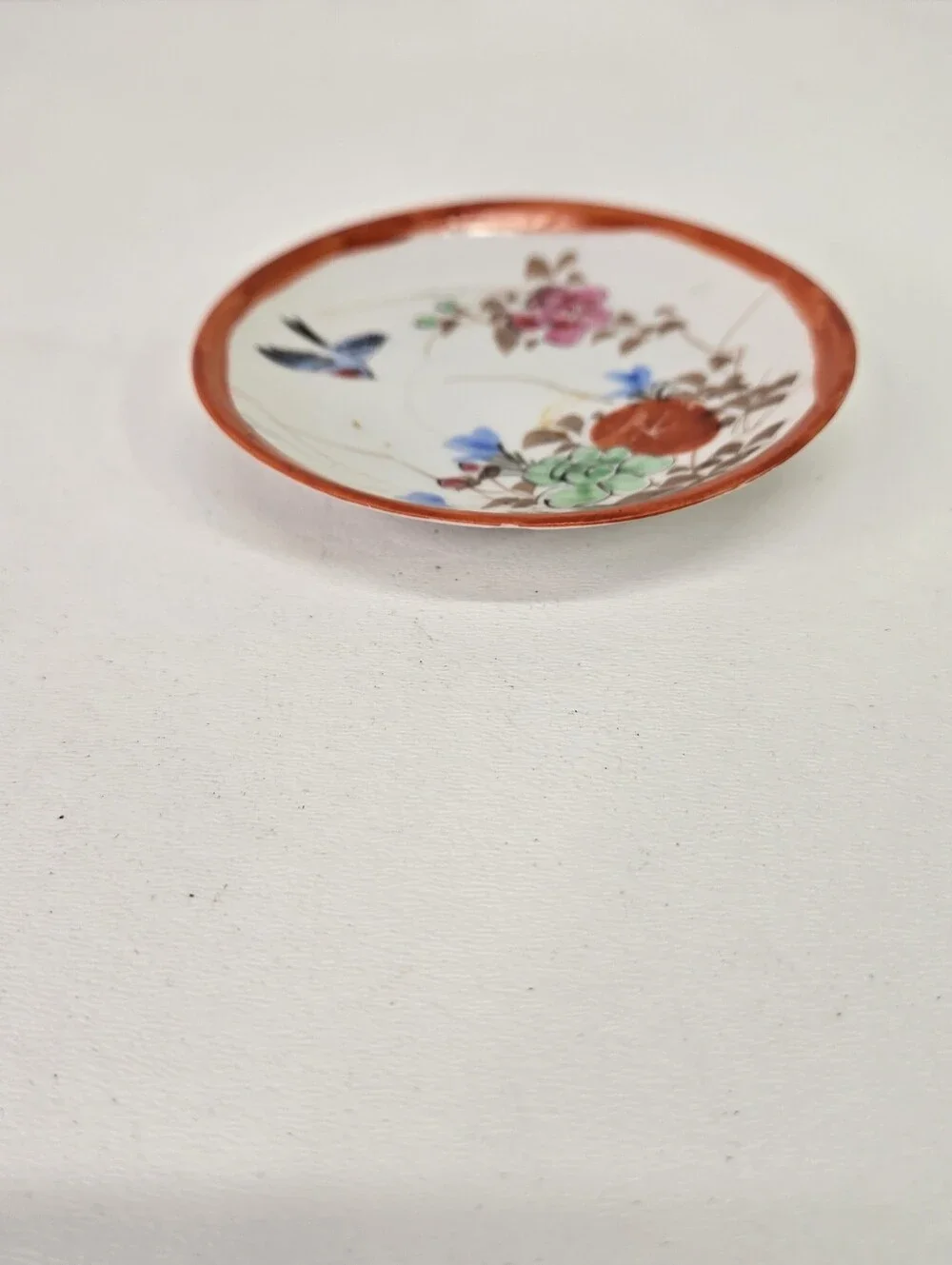 Antique Japanese Kutani‎ Porcelain Small Dish Bird Floral Red Rim Saucer Plate